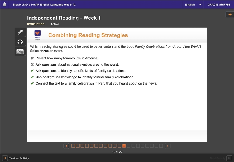 Which reading strategies could be used to better understand the book Family Celebrations-example-1