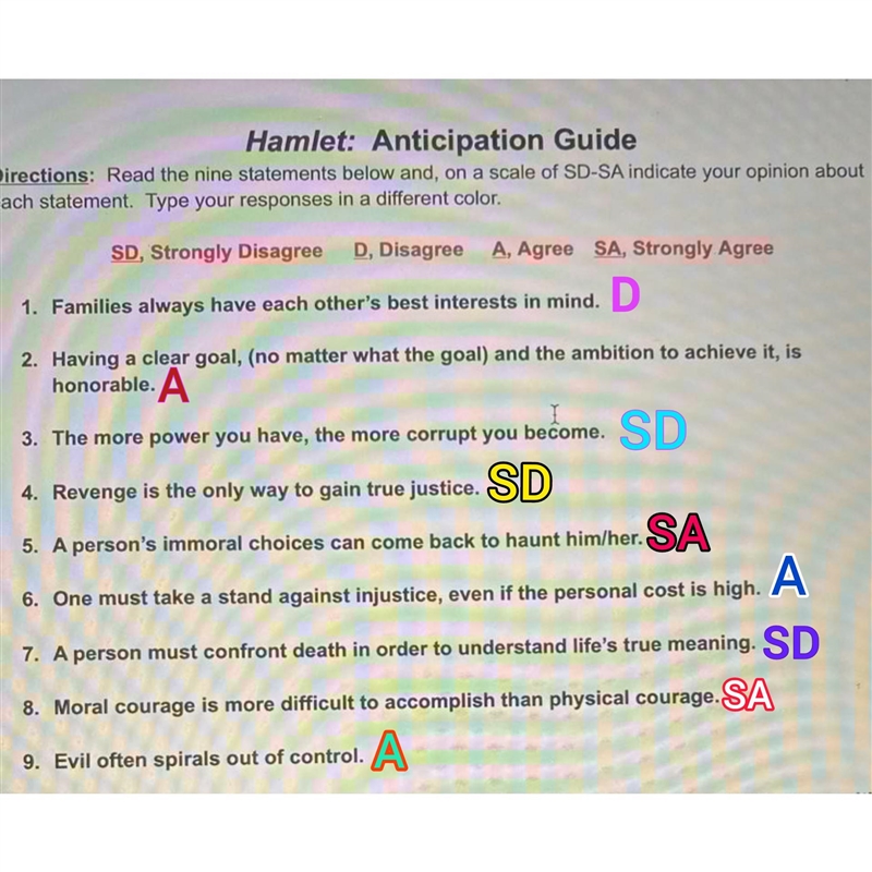 Hamlet: Anticipation Guide On a scale of SD-SA indicate your opinion about each statement-example-1