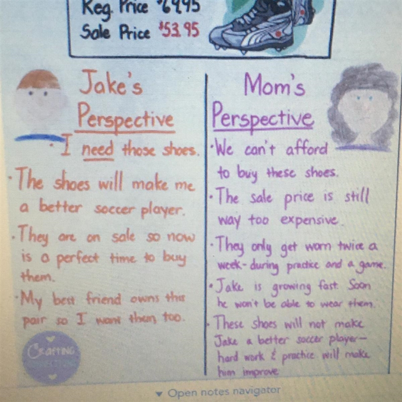 I need help quick the question is what is Jakes perspective and what is moms perspective-example-1