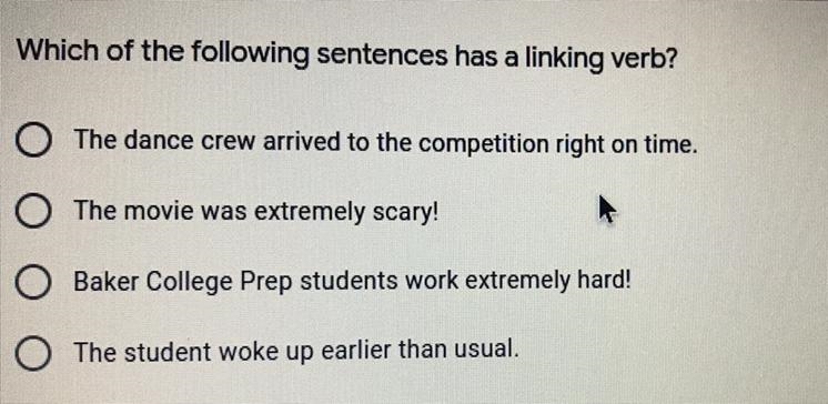 Which of the following sentences has a linking verb?-example-1