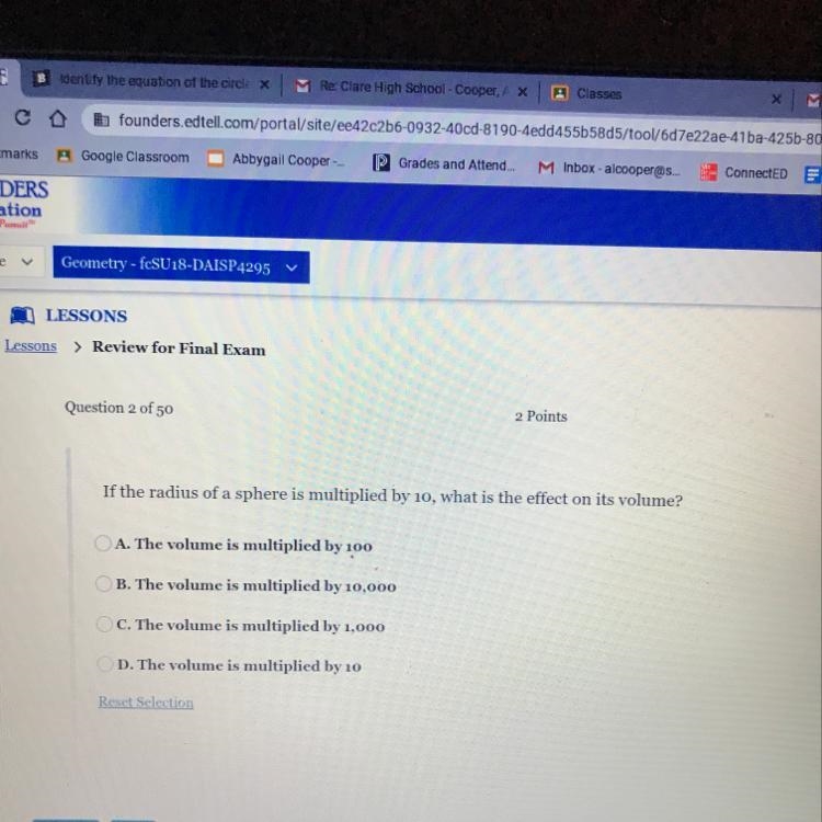 If the radius of a sphere is multiplied by 10, what is the effect on its volume?-example-1