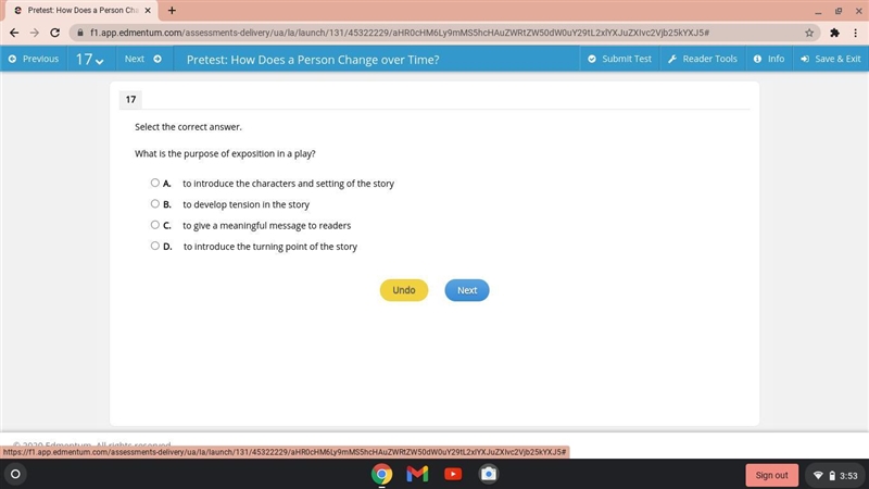 Select the correct answer. What is the purpose of exposition in a play? A. to introduce-example-1