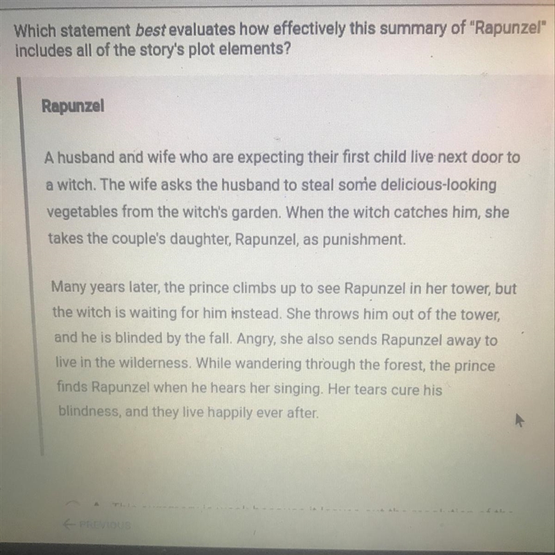 Which statement best evaluates how effectively this summary of “Rapunzel” includes-example-1