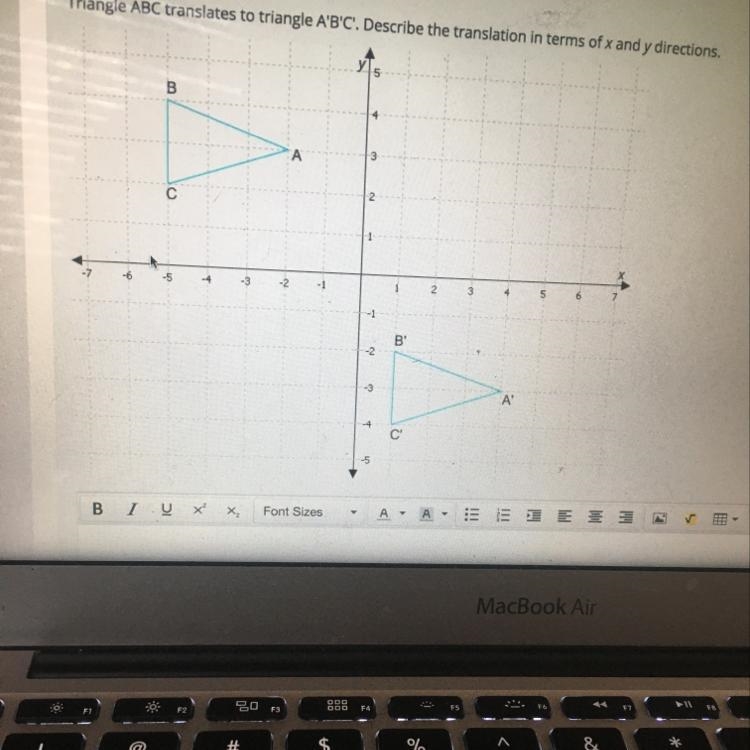 Triangle ABC translates to triangle A’B’C Describe the translation in terms of x and-example-1