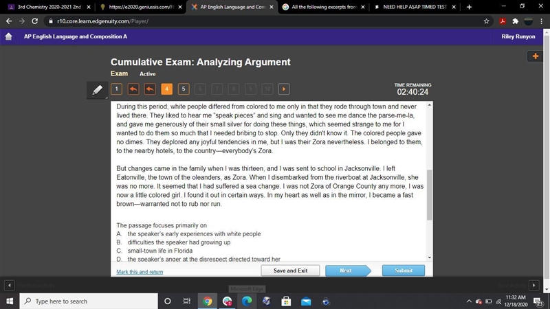 NEED HELP ASAP TIMED The passage focuses primarily on A. the speaker’s early experiences-example-2