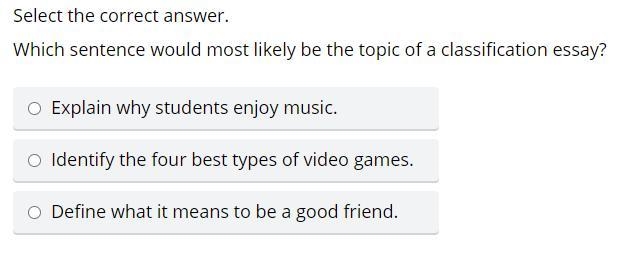 Select the correct answer. Which sentence would most likely be the topic of a classification-example-1