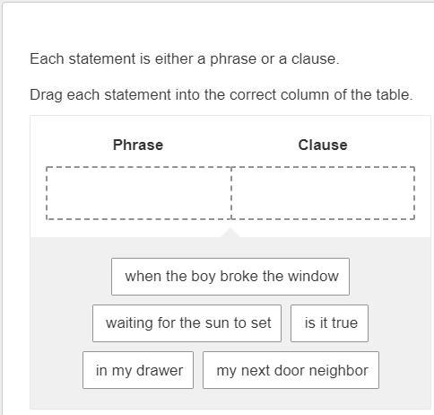 Each statement is either a phrase or a clause. Drag each statement into the correct-example-1