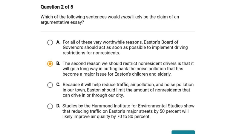 Which of the following sentences would most likely be the claim of an argumentative-example-1