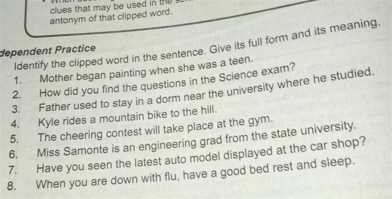 Identify the clipped word in the sentence.Give its full form and its meaning.​-example-1