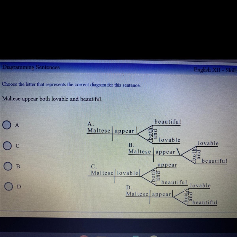 Choose the letter that represents the correct diagram for this sentence.-example-1