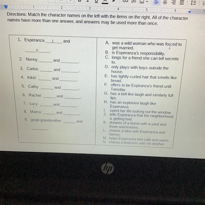 Directions: Match the character names on the left with the items on the right. All-example-1