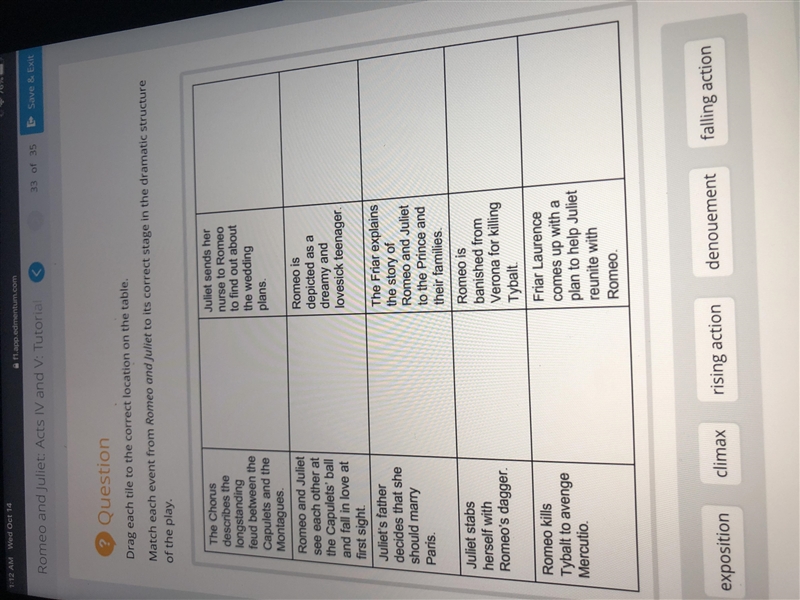 Match each event from Romeo and Juliet to the correct stage in the dramatic structure-example-1