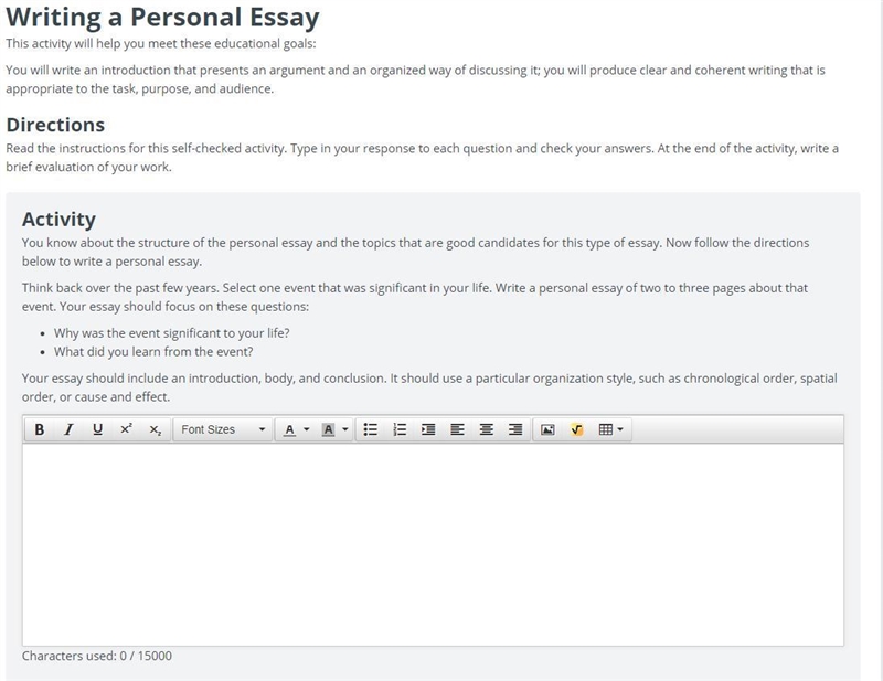HELP PLS!!! Writing a Personal Essay This activity will help you meet these educational-example-1