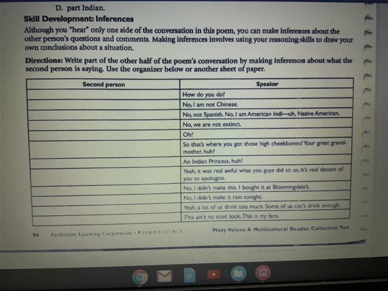 Can someone help me fill out the first column. The poem shows a one sided conversation-example-1