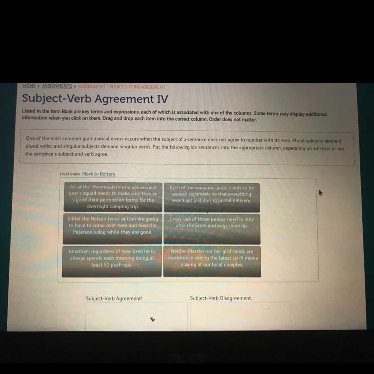 Please help! Which statements goes under subject-verb agreement and which statements-example-1