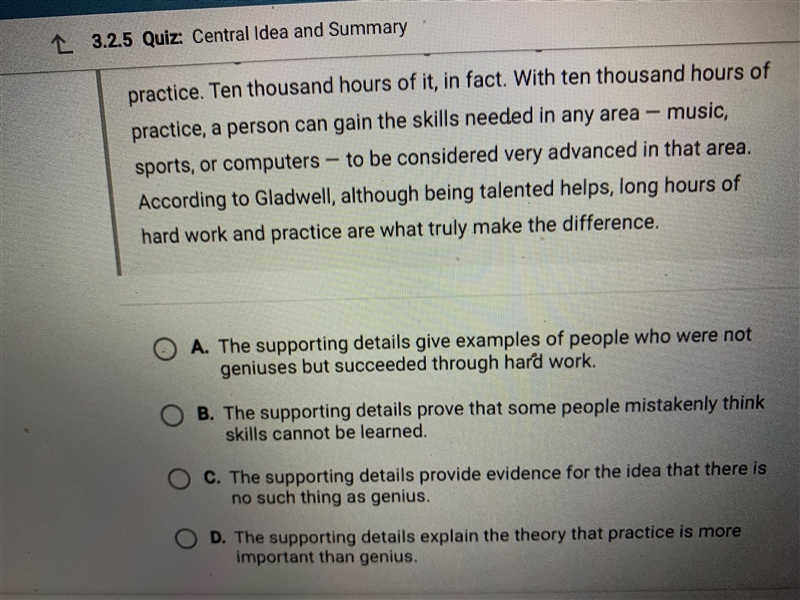 The supporting details give me the samples of people who are not geniuses but Succeed-example-1