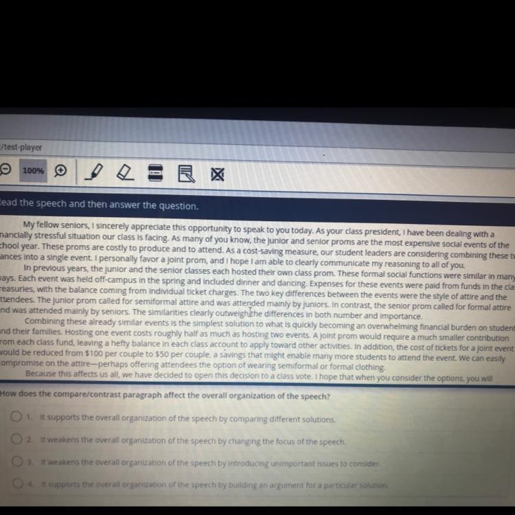 How does the compare/contrast phargraph affect the overall organization of the speech-example-1