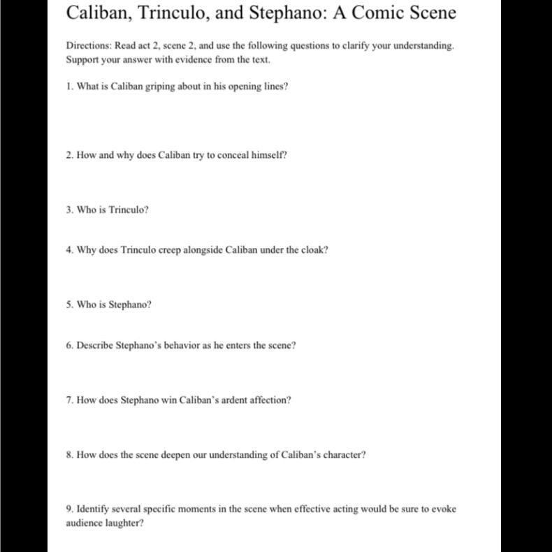 The Tempest: Act 2 scene 2 Can anyone please answer these questions? Or some of them-example-1