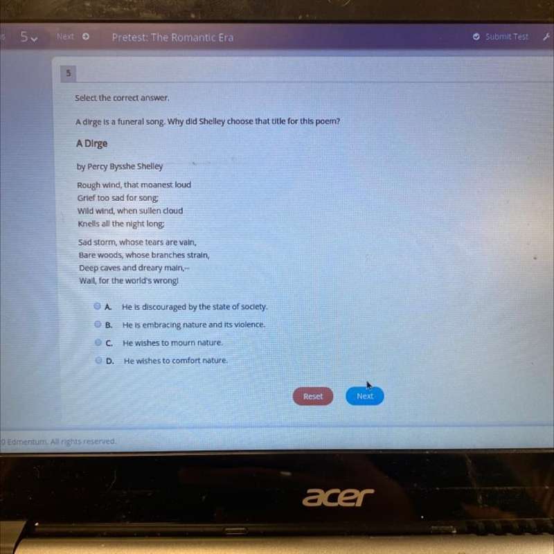 Select the correct answer. A dirge is a funeral song. Why did Shelley choose that-example-1