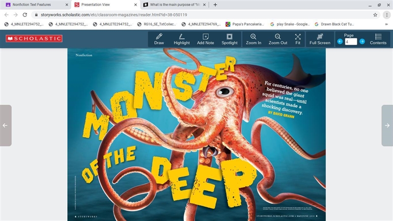 What features of the text help you understand the article Monster of the deep-example-1