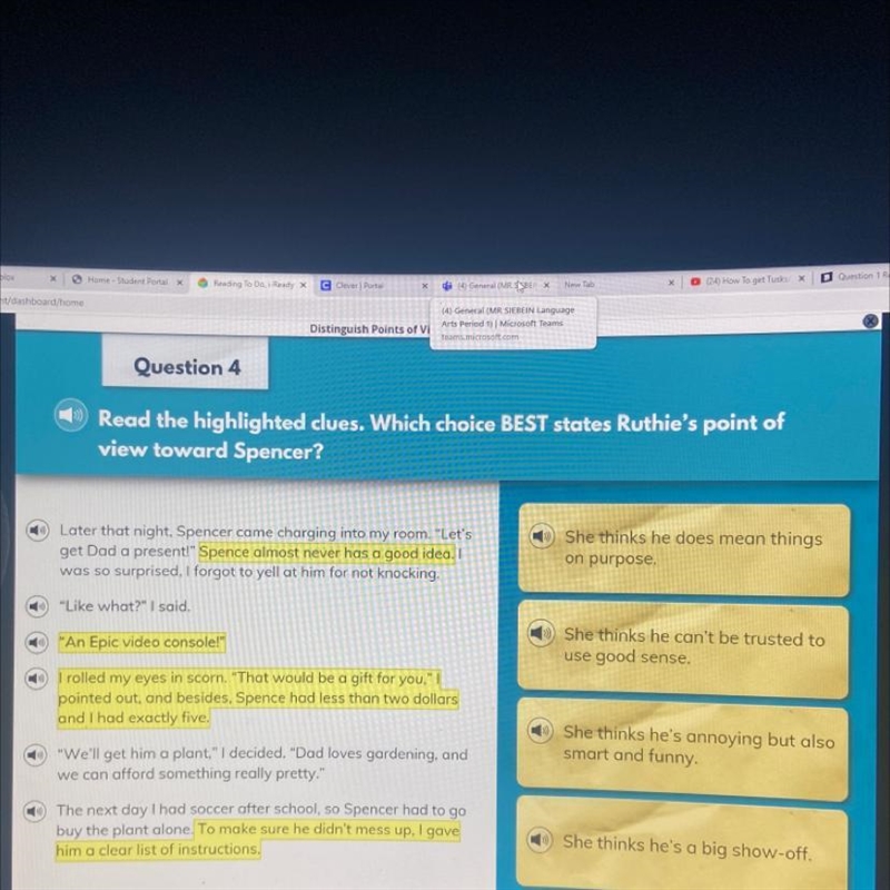 Read the highlighted clues. Which choice BEST states Ruthie's point of view toward-example-1