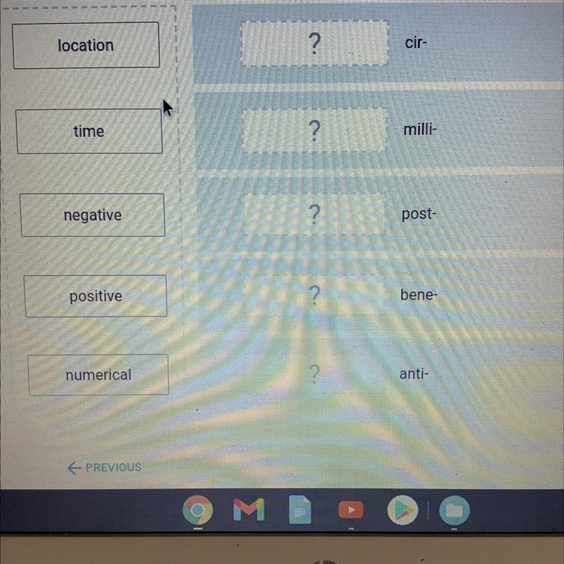 Match each of the prefixes with its correct type. location ? cir- time ? milli- negative-example-1