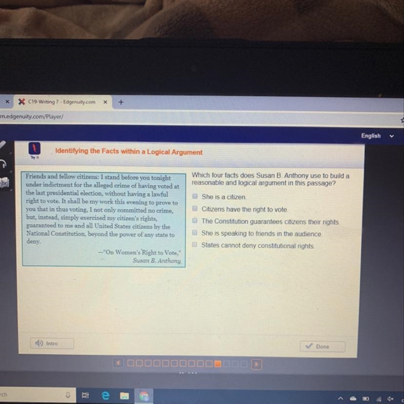 Which four facts does Susan B. Anthony use to build a reasonable and logical argument-example-1