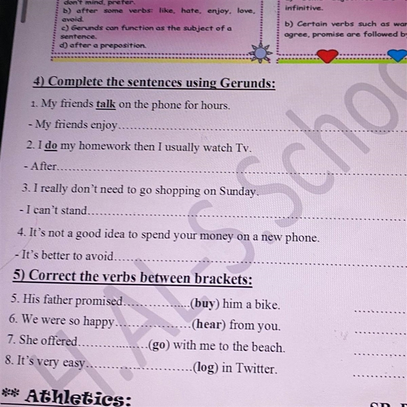 Answer the gerunds and correct the verb between the brackets please-example-1