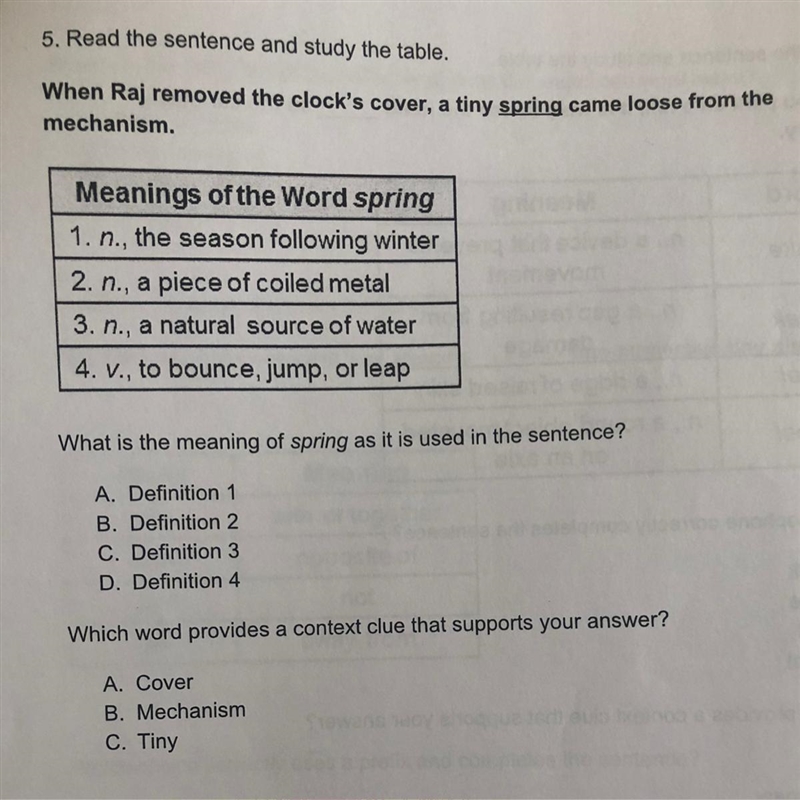 What is the meaning of spring as it is used in the sentence? A. Definition 1 B. Definition-example-1