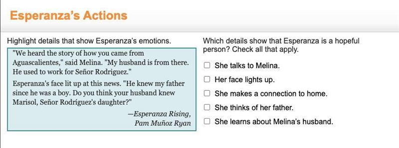 Which details show that Esperanza is a hopeful person? Select all that apply. A She-example-1