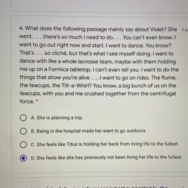 4. What does the following passage mainly say about Violet? She 5 point went,....there-example-1