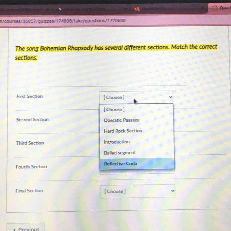 The song Bohemian Rhapsody has several different sections. Match the correct sections-example-1