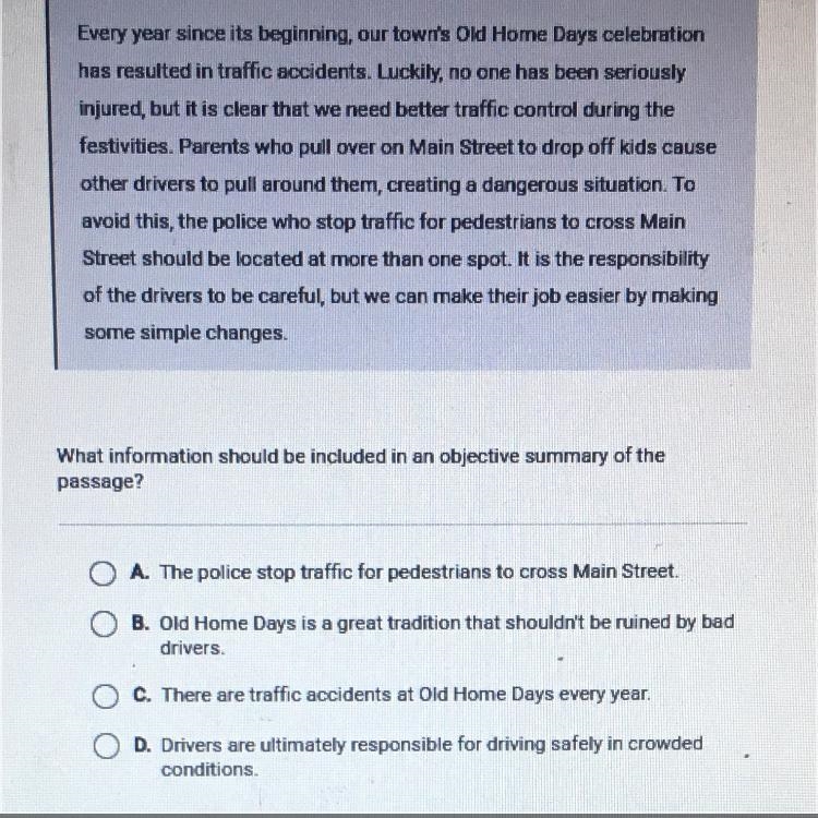 What information should be included in an objective summary of the passage? A. The-example-1