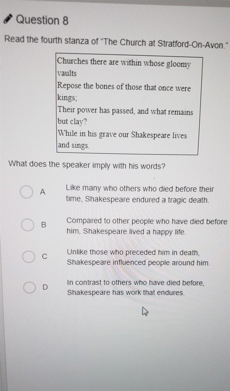 ABG Question 8 Read the fourth stanza of "The Church at Stratford-On-Avon.&quot-example-1