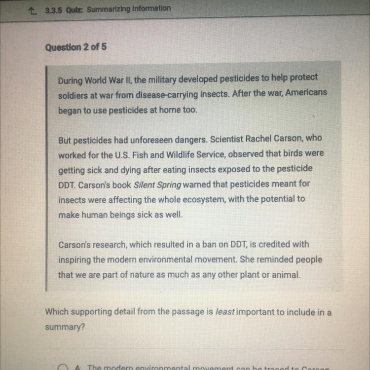 Which supporting detail from the passage is least important to include in a summary-example-1