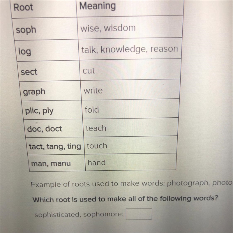 Review the chart of root words and their meanings. Then, answer the question below-example-1