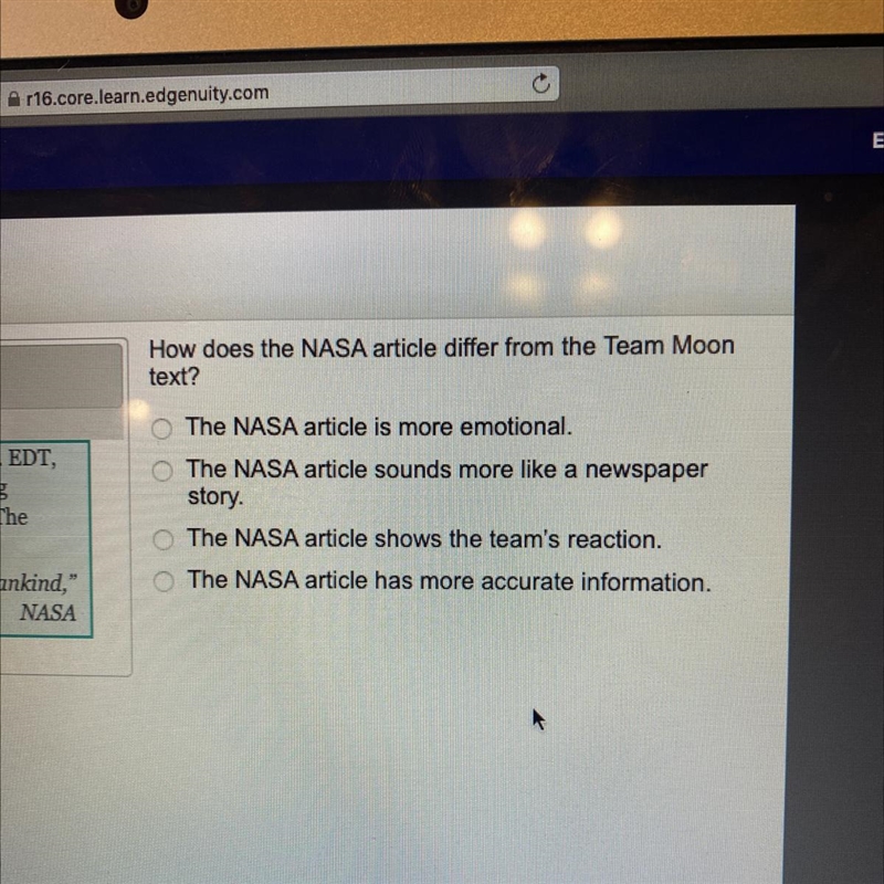 How does the NASA article differ from the Team Moon text? The NASA article is more-example-1