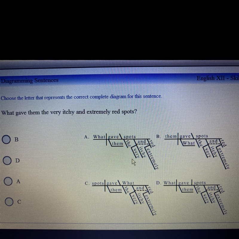 Choose the letter that represents the correct complete diagram for this sentence.-example-1