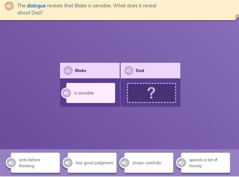 The dialogue reveals that Blake is sensible. What does it reveal about Dad?-example-1