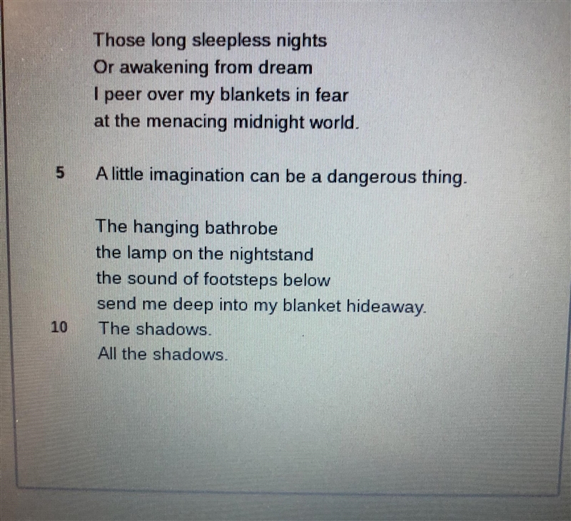 Which group of lines makes up a stanza in this poem? Lines 1-5 Lines 1-11 Lines 5-10 Lines-example-1