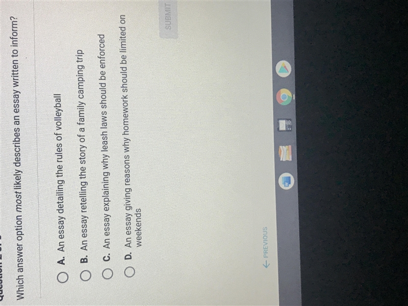 Which answer option most likely describes an essay written to inform-example-1