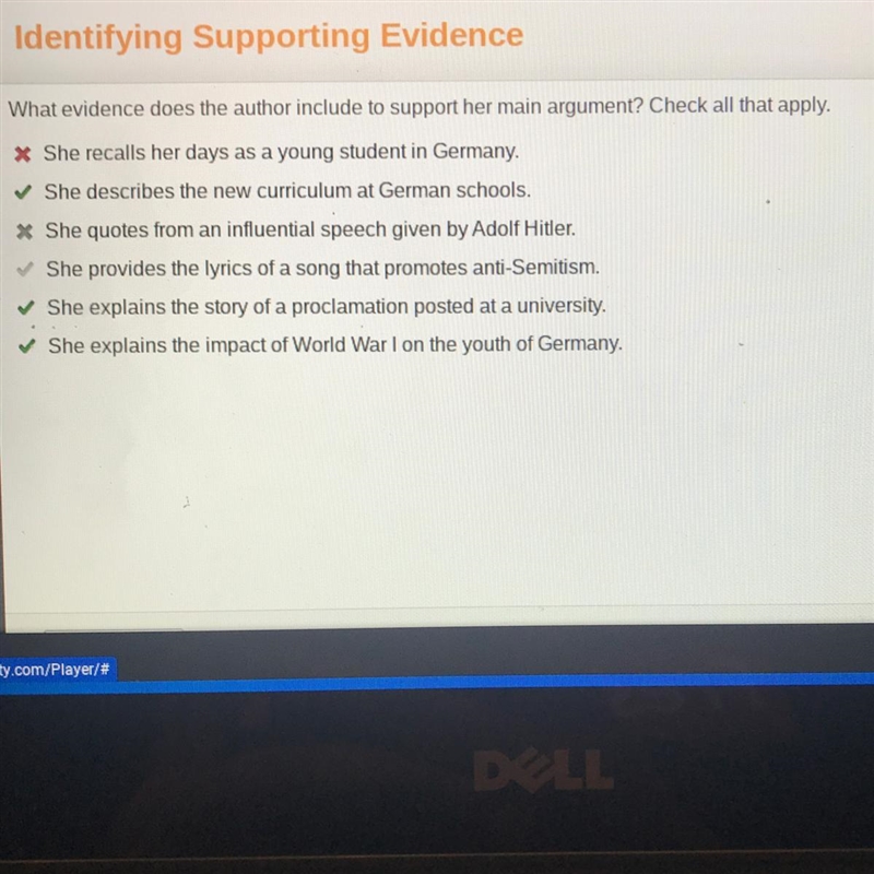 What evidence does the author include to support her main argument? Check all that-example-1