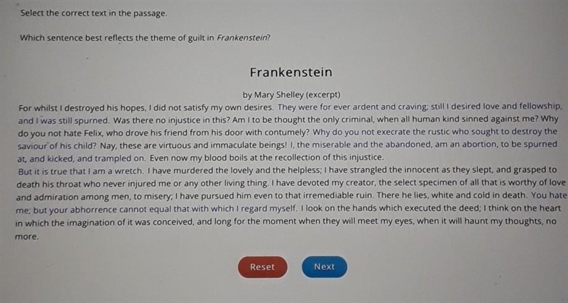 Which sentence best reflects the theme of guilt in Frankenstein? Frankenstein by Mary-example-1