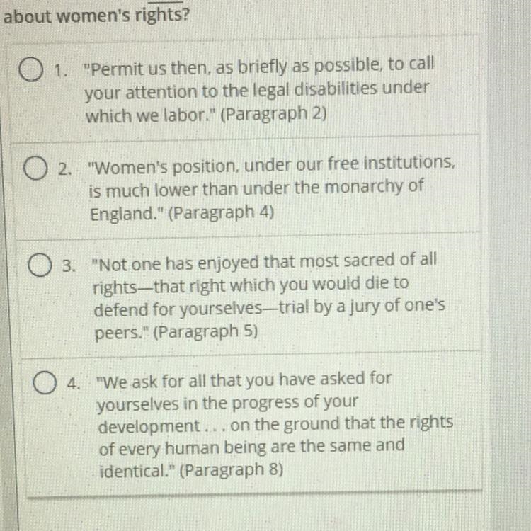 Which statement best supports the authors central idea about women's rights? Please-example-1