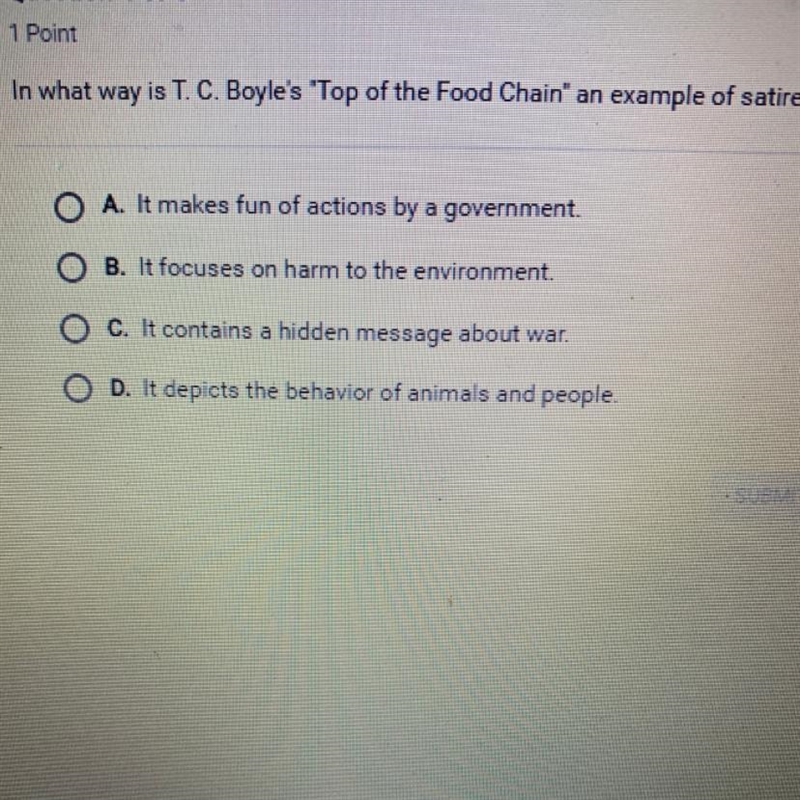 In what way is T. C. Boyle's 'Top of the Food Chain" an example of satire? A-example-1