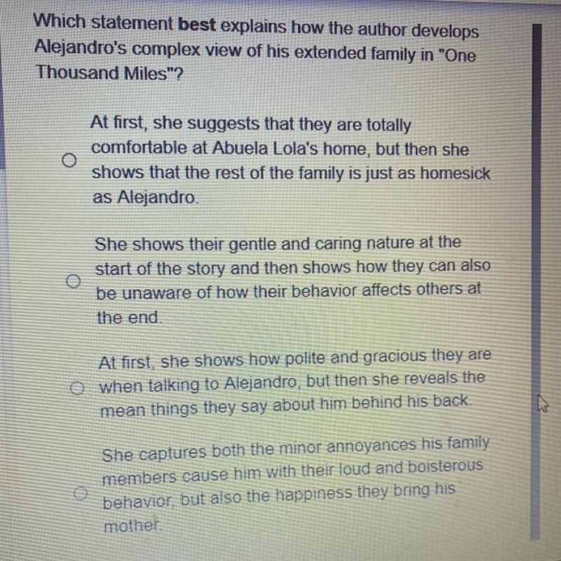 Which statement best explains how the author develops Alejandro's complex view of-example-1