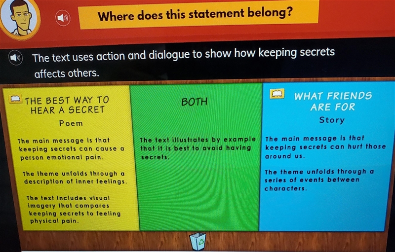 The text uses action and dialogue to show how keeping secrets affects others.-example-1