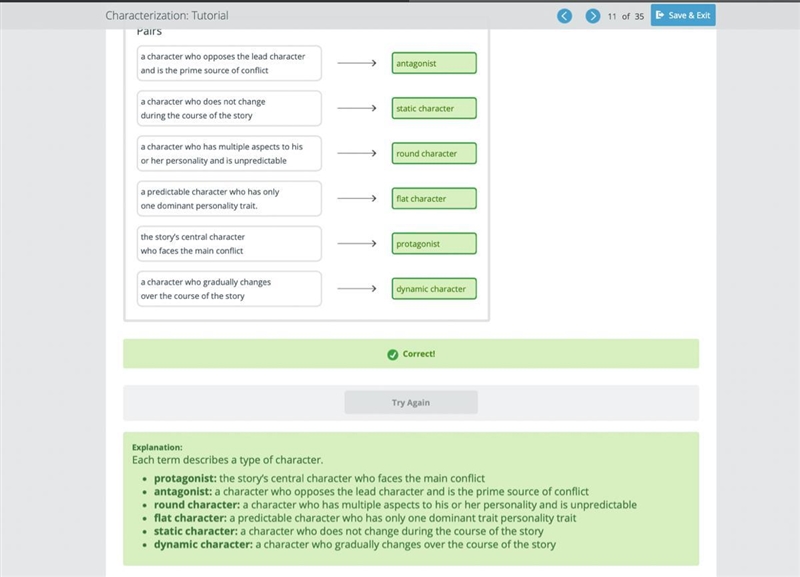 Drag each term to its definition Tiles protagonist flat character static character-example-1