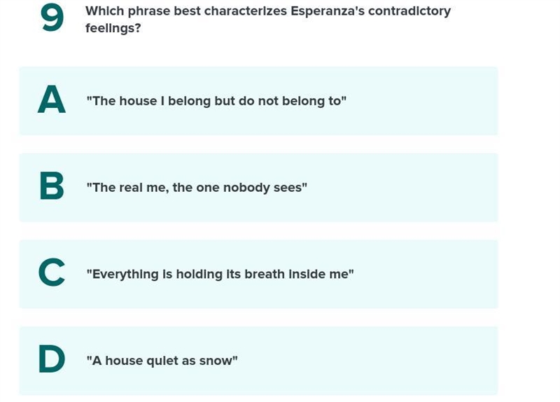 Which phrase best characterizes Esperanza's contradictory feelings? (The house on-example-1