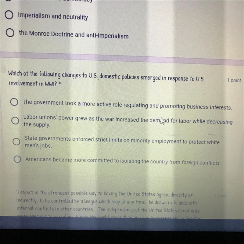 Which of the following changes to U.S. domestic policies emerged in response to U-example-1